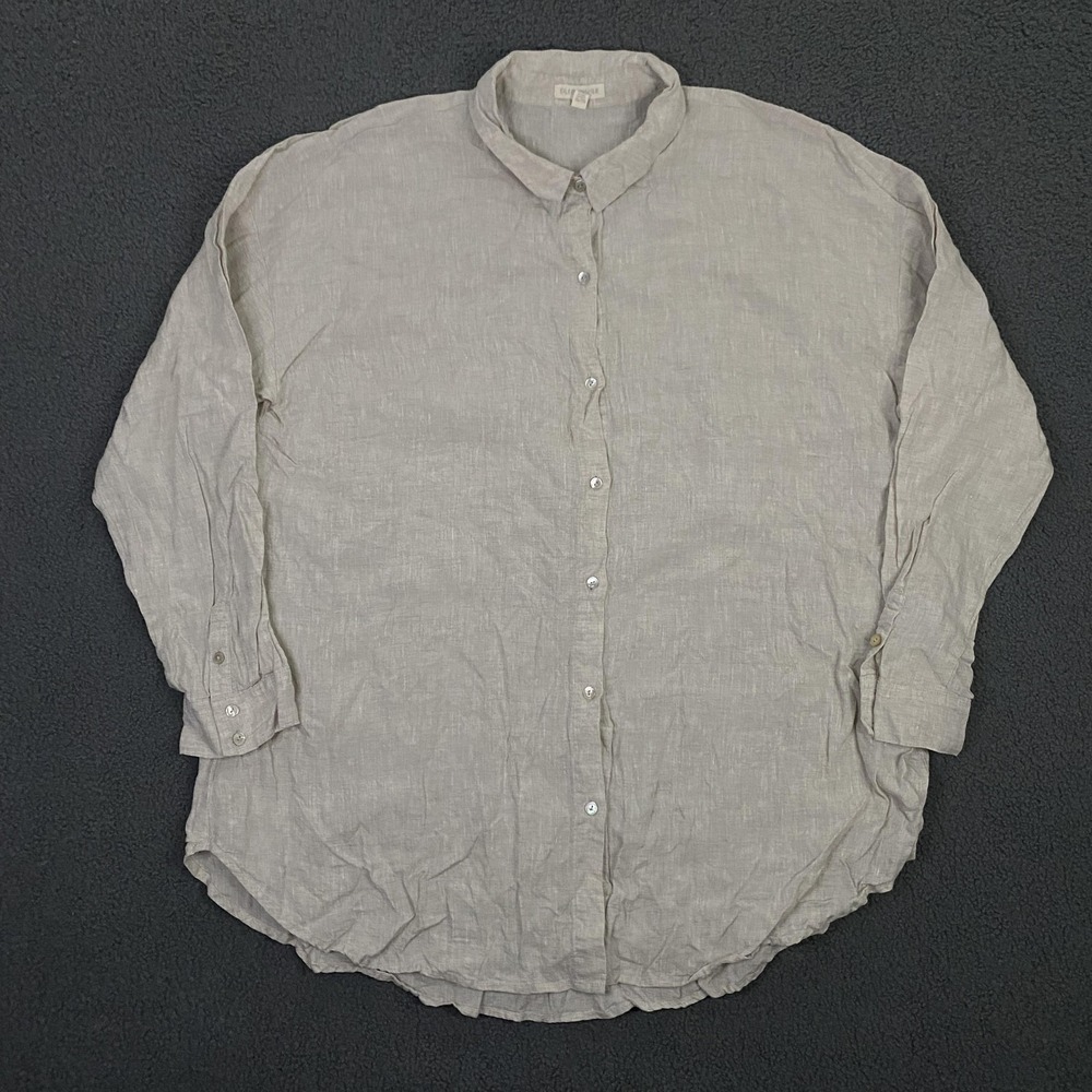 Eileen‎ Fisher Shirt Womens XL Beige Linen Button Front Tunic Lagenlook Minimal